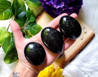 Large black tourmaline palmstone, large tumbled stone, protective crystal, black stone, natural stone, worry stone, crystals, meditation