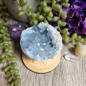 May include: A blue celestite crystal cluster on a wooden base with a moon and star design. The crystal is a natural formation with a rough, textured surface.