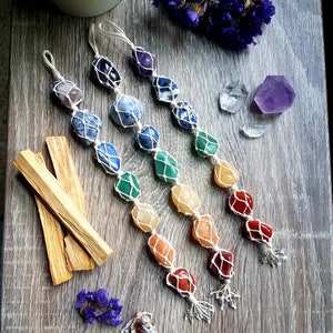 Chakra stone wall hanging with palo santo, smudging, chakra healing, meditation, crystals, chakra balancing, energy cleansing