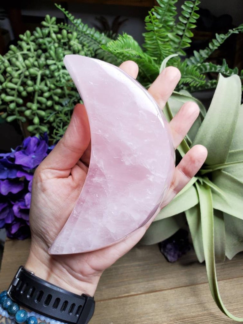 Large rose quartz crescent moon dish, 1 lb 2.75oz, jewelry dish, pink, crystal dish, love stone, heart chakra, natural stone, boho decor, 1 image 4