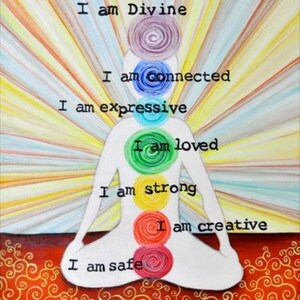 May include: A white silhouette of a person sitting in a meditative pose with seven colorful circles representing the chakras. The circles are labeled with affirmations: "I am Divine", "I am connected", "I am expressive", "I am loved", "I am strong", "I am creative", and "I am safe".