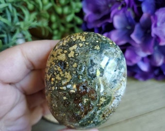 Large Ocean Jasper palm stone, 3.87 oz, orbicular jasper, sacred geometry, large tumbled stones, healing crystals, earthy, #A7