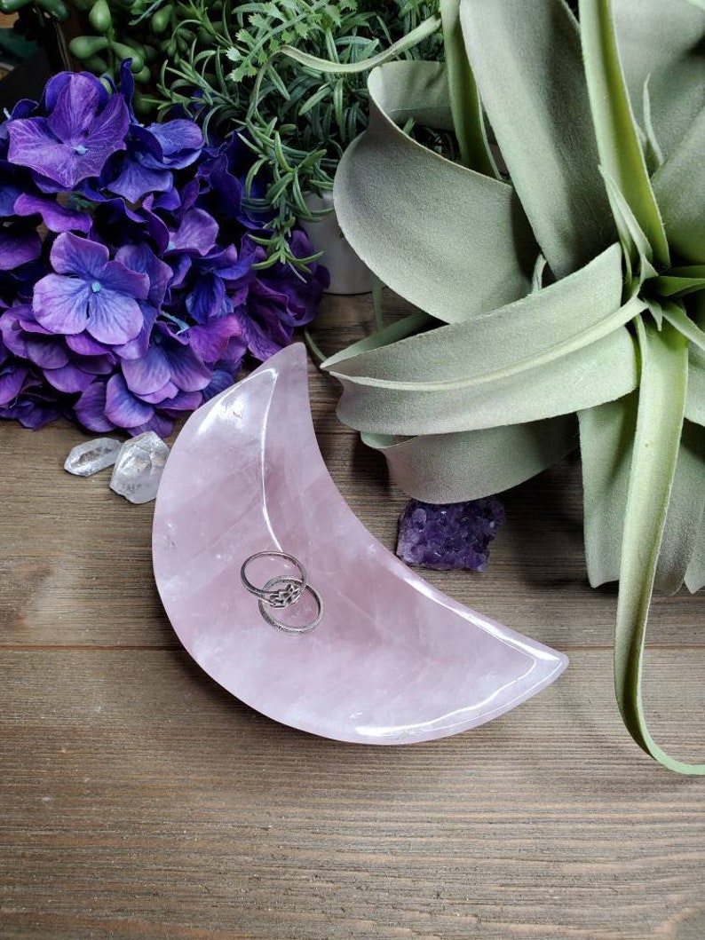 Large rose quartz crescent moon dish, 1 lb 2.75oz, jewelry dish, pink, crystal dish, love stone, heart chakra, natural stone, boho decor, 1 image 1