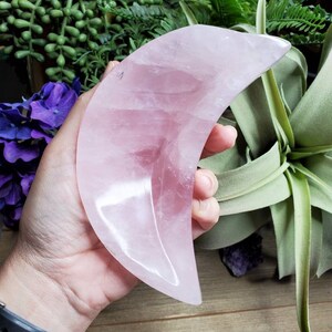 Large rose quartz crescent moon dish, 1 lb 2.75oz, jewelry dish, pink, crystal dish, love stone, heart chakra, natural stone, boho decor, 1 image 2