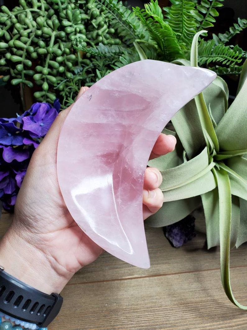 Large rose quartz crescent moon dish, 1 lb 2.75oz, jewelry dish, pink, crystal dish, love stone, heart chakra, natural stone, boho decor, 1 image 2