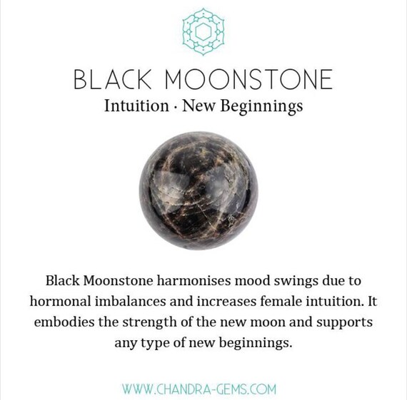 ブラック ムーンストーン スフィア #3、58 mm、スタンド付き、新月