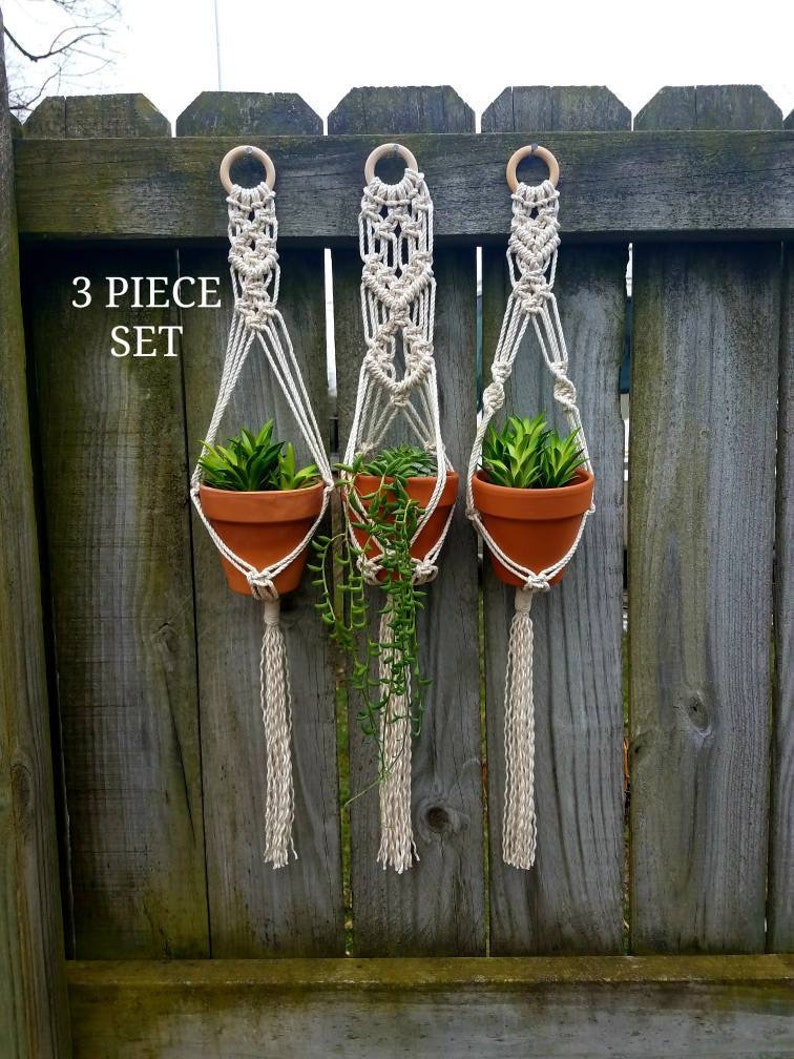 hanging planter plant holder rustic boheme boho decor small Set of 3 macrame plant hangers cottage chic window decoration