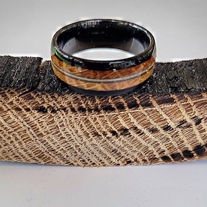 Authentic Whiskey Barrel * Handmade Ring * Whiskey Barrel & Ziricote Wood w/ Guitar String Inlay on Ceramic Core  * Custom Engraving Option