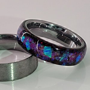 The &quot;Hera&quot; Ring * Tungsten Band with Purple, Blue, Black Opals & Bright Glow