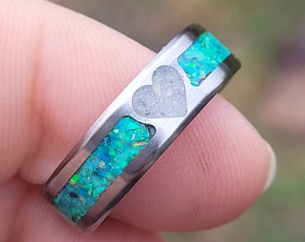 You are My Heart Memorial Ring - Titanium Band - Unique Cremation Ash and Opal Memory Jewelry - Handmade - Personalized Gemstone Options