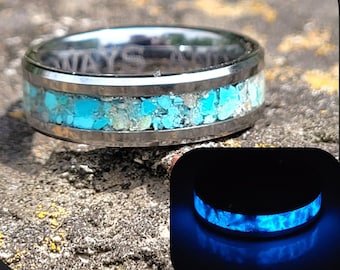 Turquoise Stones, Blue Glow & Cremated Ash Memorial ring on a Tungsten Core * Everyday Wear Memorial Jewelry * Urn Jewelry