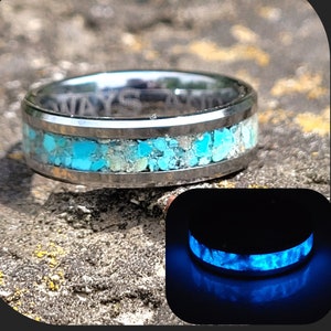 Turquoise Stones, Blue Glow & Cremated Ash Memorial ring on a Tungsten Core * Everyday Wear Memorial Jewelry * Urn Jewelry