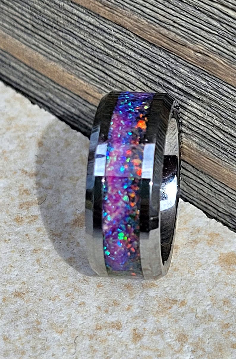 Celestial Firework Purple Blue Red Black Beautiful Ring for Men or Women Glow in the Dark Ring Sturdy Tungsten Core Free UV Light image 4