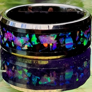 The Nordic Glow Ring * Handmade * Beautiful Opals that Glow in the Dark! All on a Black Ceramic Core that is 100% Hypoallergenic
