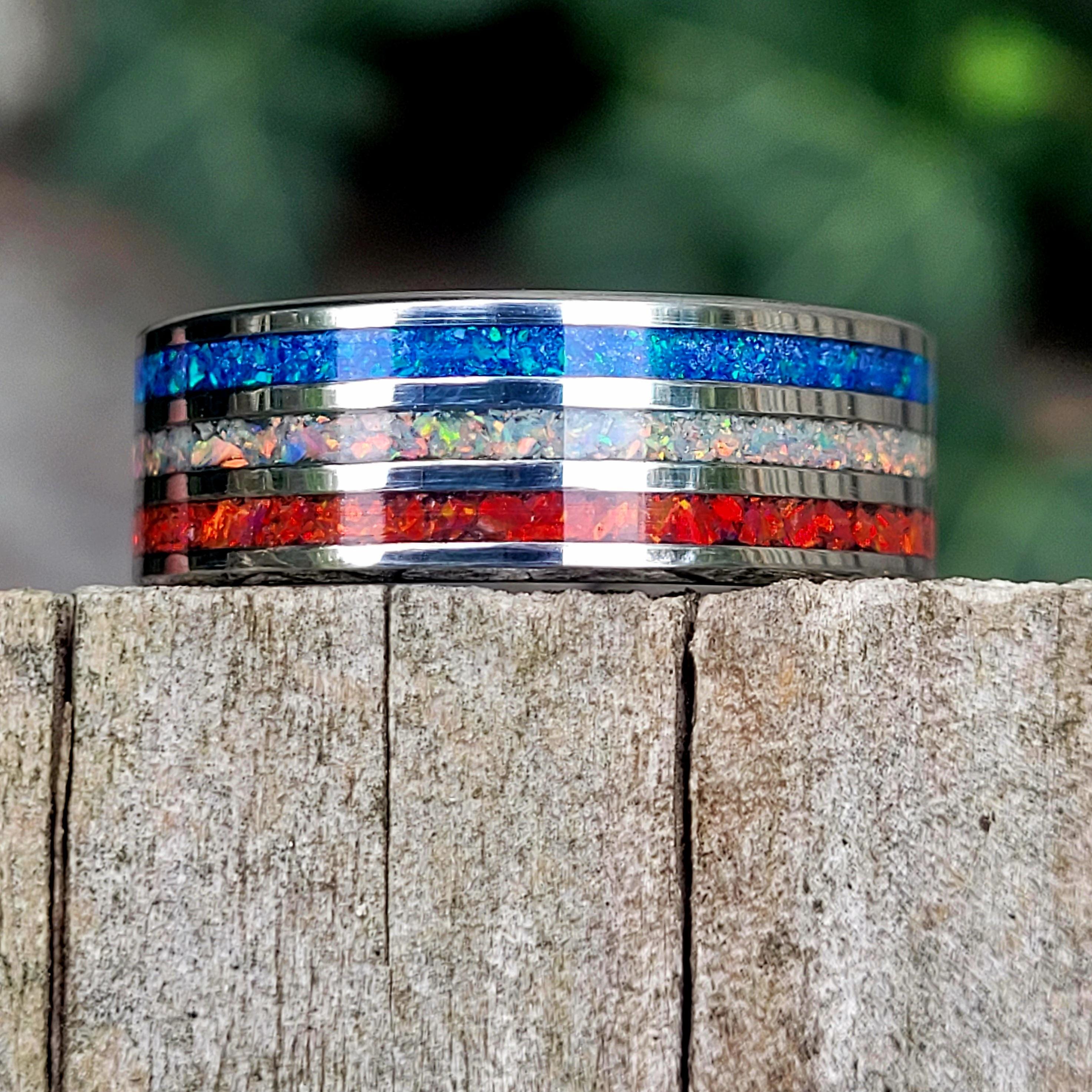 The American Valor Ring - Handmade In the USA - Red White & Blue Opals - Tungsten Band 8mm - Patriotic Jewelry - Symbol of American Pride