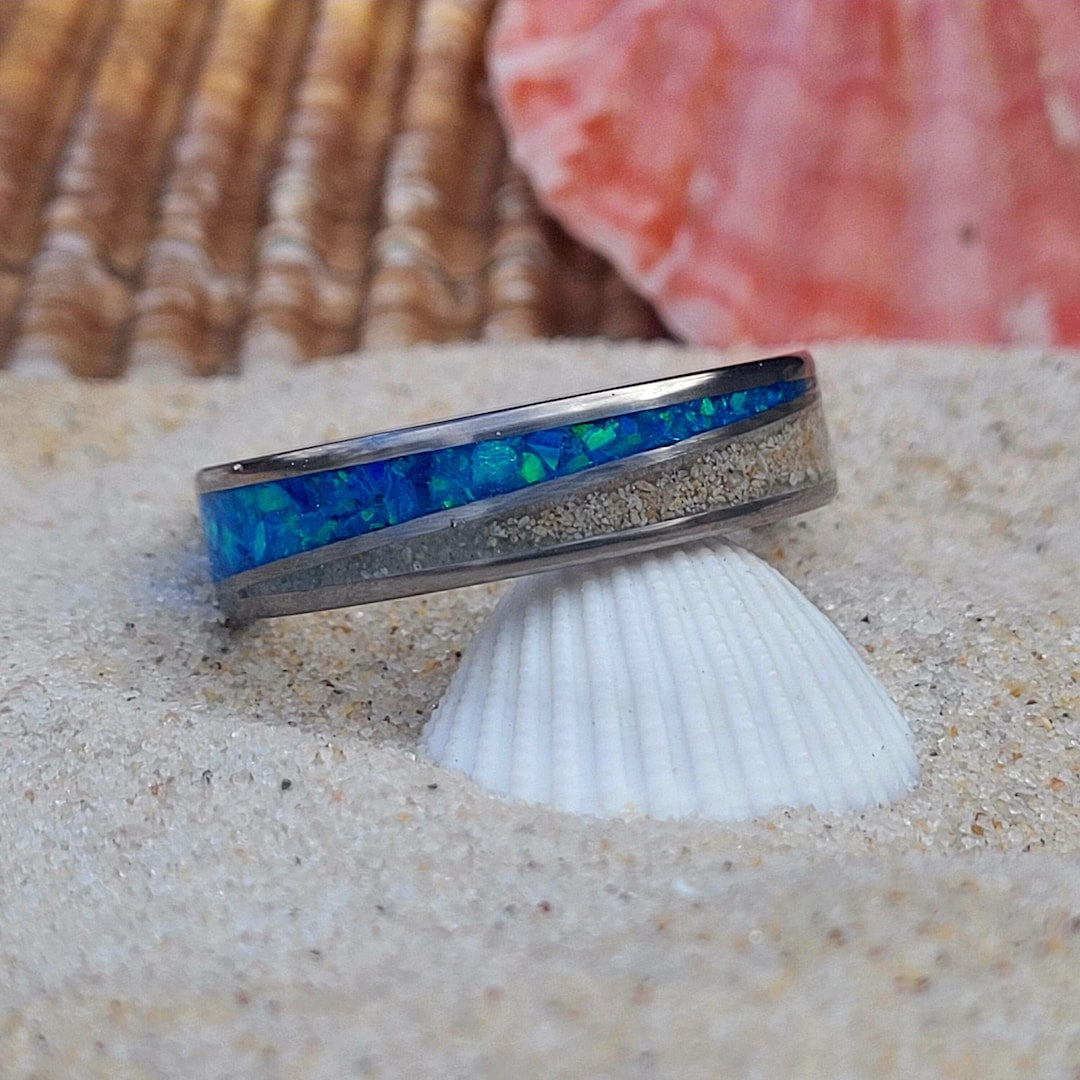 Custom Beach Sand Ring, Titanium Band With Blue Opal, Glows in Dark - Etsy