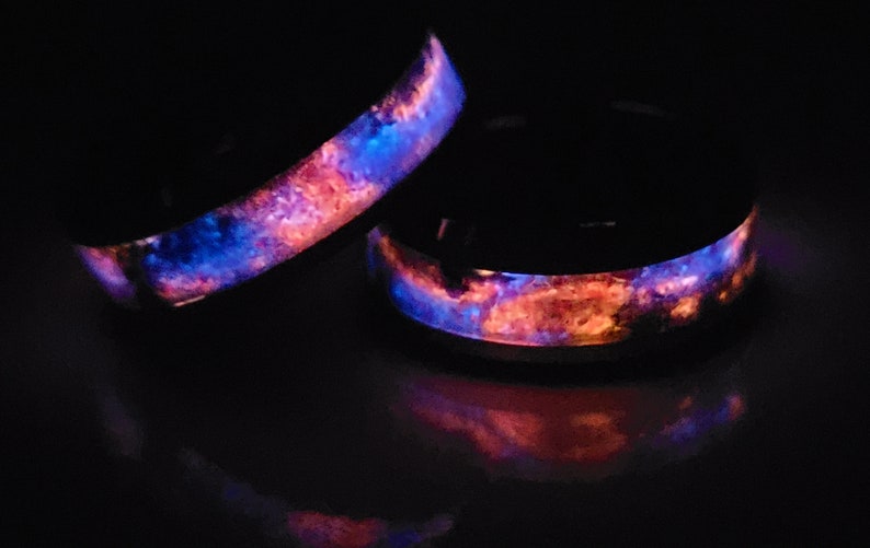 Celestial Firework Purple Blue Red Black Beautiful Ring for Men or Women Glow in the Dark Ring Sturdy Tungsten Core Free UV Light image 6