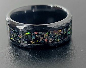 The "Midnight on Mars" Opal Ring * Hammered Black Ceramic Band * Beautiful Man's Ring * Handmade