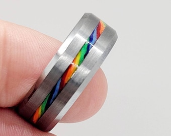 One Love Wedding Band Solid Brushed 8mm Tungsten With a Rainbow of