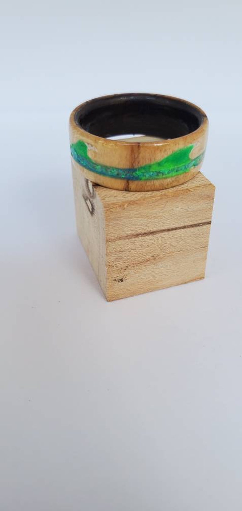 Handmade Ring Hand-carved Glow-in-the-dark Inlay Gift Box Available FREE UV Light Maple with Opal /& Glow Inlay on Black Ceramic