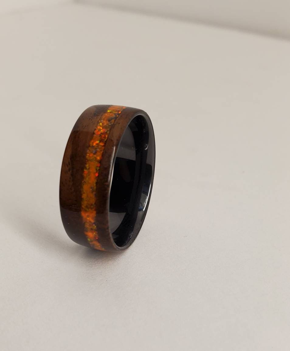 Handmade Wooden Ring Walnut Band with Offset Fire Orange | Etsy