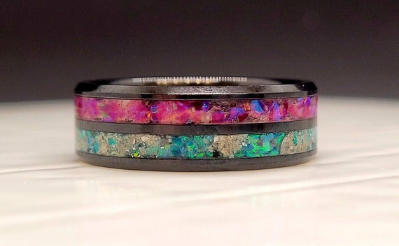 The Side-By-Side Memorial Ring * Cremated Ashes or Cemetery Soil * Custom Opal and Glow Colors