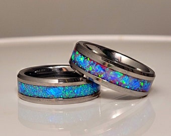 Sieraden Ringen Banden De Wishing Well Ring Pink Glow Powder op een Tungsten Insert Blue Ice Opal en Blue 