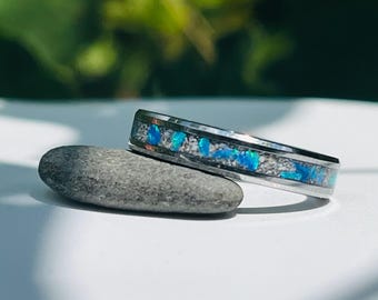 Taz Opal & Ash Memorial Ring * Narrow Ring w/ Daintily Spread Opals Among The Cremated Ashes of Your Beloved Pet * Customizable Opal Color