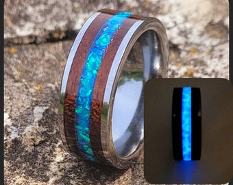 Handmade Black Walnut Wood Ring with Cobalt Blue Opals and Glow
