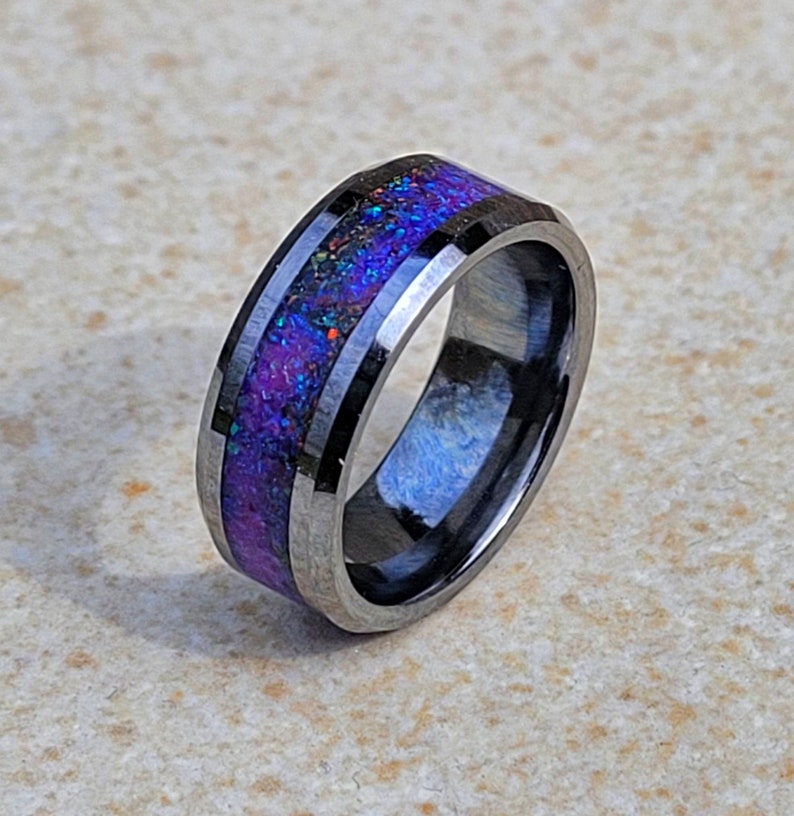 Celestial Firework Purple Blue Red Black Beautiful Ring for Men or Women Glow in the Dark Ring Sturdy Tungsten Core Free UV Light image 1