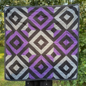 Gray & Purple Plaid Diamond Vortex throw quilt with black backing