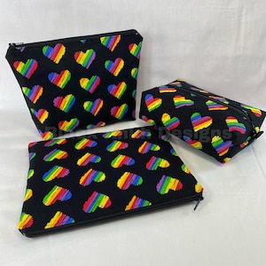 Rainbow heart black zipper bags - pencil, makeup, travel
