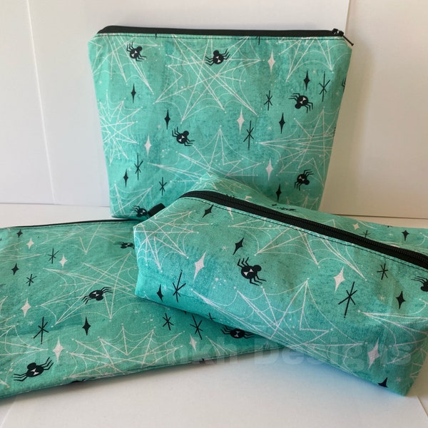 Retro zipper bag - Teal spider makeup, travel, pencil, cosmetic