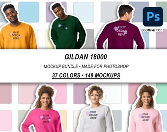 Gildan 18000 Photoshop Mockup Bundle • Transparent + White Backgrounds • All 37 Colors • High Resolution • Real People Mockups