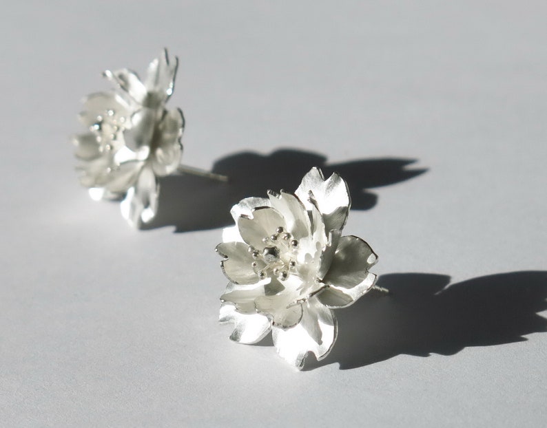 Season-Cherry Blossom-Sakura-Silver Earrings double petals-full bloom-symmetric style/ handmade,stud earrings image 4