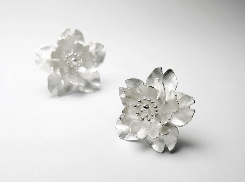 Season-Cherry Blossom-Sakura-Silver Earrings double petals-full bloom-symmetric style/ handmade,stud earrings image 2