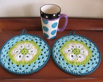 Potholders Reversible Set Superior Quality, Hot Pads Set, Handmade Double-Sided Teal Lime Green Crochet, Ready to Ship