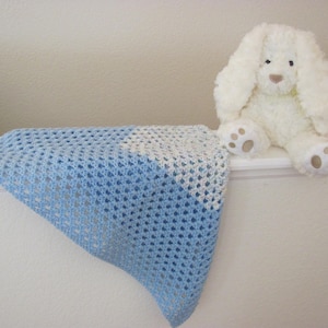 Baby Crochet Blanket Lovey Blue White Afghan Handmade, 28&quot; x 30&quot;, Granny Square Pattern, Ready to Ship