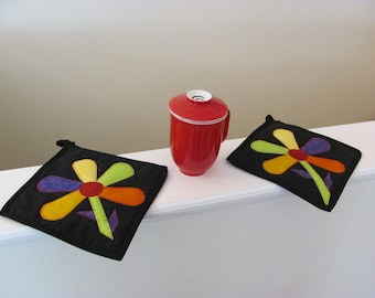 Flower Kitchen Potholder Set Quilted Handmade Hot Pads Colorful