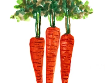 Arte de cocina, pintura vegetal, pintura de zanahorias de 5x7 pulgadas, cuadro de acuarela original de Cate Mandigo, arte de comida, arte vegetariano, arte de jardín