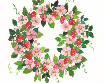 Strawberry Time Wreath, 9x12 inch folk art Cate Mandigo watercolor painting, original strawberry painting, Birthday, Mother's Day, Wedding