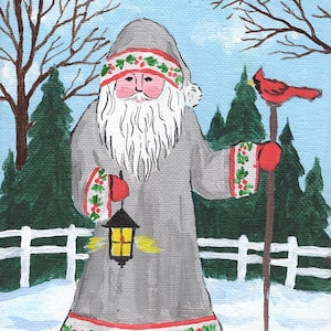Saint Nick with a Cardinal, 5x7 tiny original painting by Cate Mandigo, acrylic painting on stretched canvas