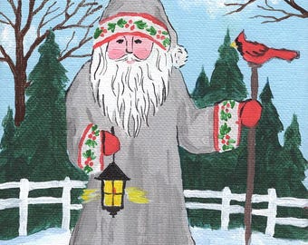 Saint Nick with a Cardinal, 5x7 tiny original painting by Cate Mandigo, acrylic painting on stretched canvas