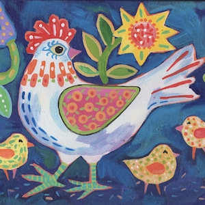 Mama Hen and her Chicks folk art chicken painting, 8x10 inch original acrylic on canvas Cate Mandigo art