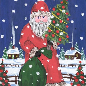 St Nick Brings the Christmas Tree, 5x7 inch original acrylic Cate Mandigo folk art santa