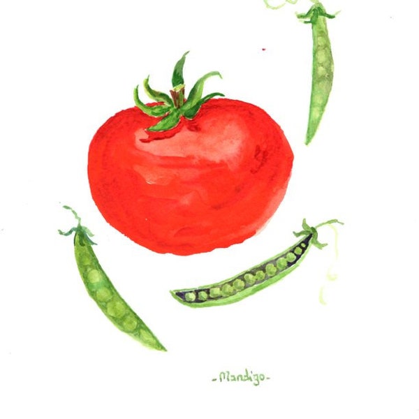 pois et tomates, art végétal, la peinture réaliste, originale, aquarelle, art Cate Mandigo, minimaliste, cuisine, gourmand, cadeau d’anniversaire