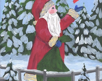 St Nick Releasing the Cardinals painting , 5x7 inch original acrylic on canvas Cate Mandigo Christmas art