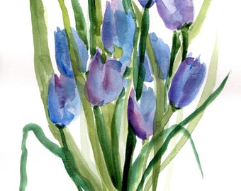 Blaue Tulpen Blumenmalerei, Blumenkunst, Frühlingsblumen, Cate Mandigo Aquarell original-Kunst, Mädchen Zimmer, Ostern