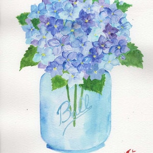 Blue Hydrangea in a Blue Mason Jar, 9x12 inch original Cate Mandigo watercolor floral painting, flower art, folk art