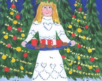 It&#39;s Christmas in Sweden!  St. Lucia folk art, small 5x7 inch original Cate Mandigo acrylic on canvas painting